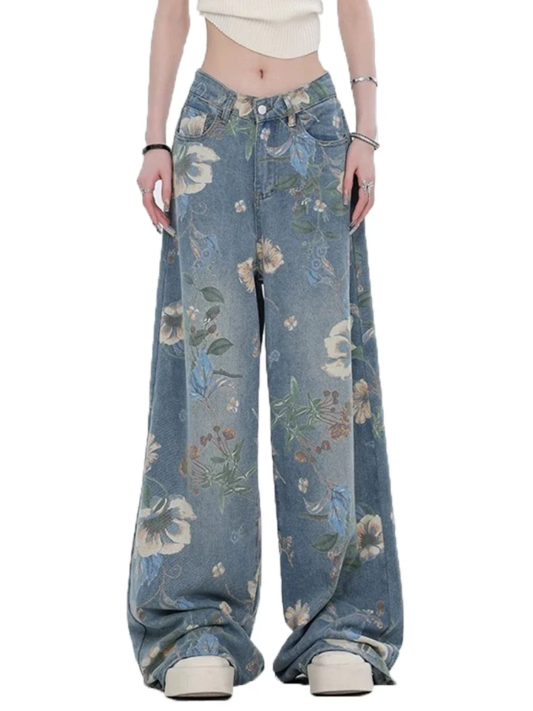 American Vintage Printing Contrast Color Street Female Wide Leg Pants Summer Basic Full Length Loose Casual Simple Women Jeans