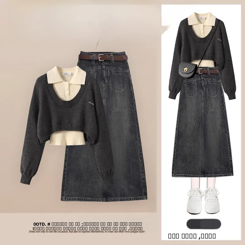 

Осенний комплект из футболок в консервативном стиле, винтажный свитер, базовая юбка, повседневный трикотаж, длинный воротник свека для взрослых женщин