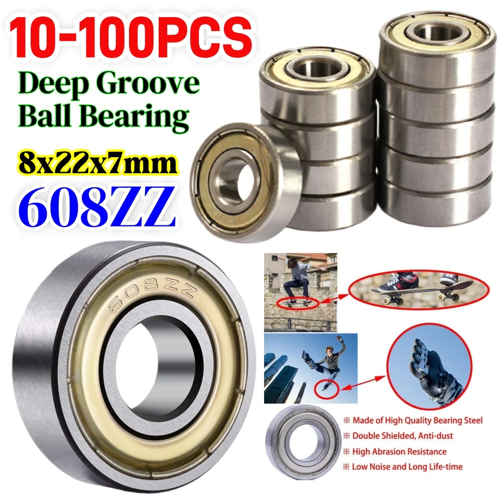 10-100Pcs 608 ZZ 608RS Ball Bearings 608ZZ Metal Double Shielded Miniature Deep Groove Skateboard Ball Bearings 8mm X 22mm X 7mm