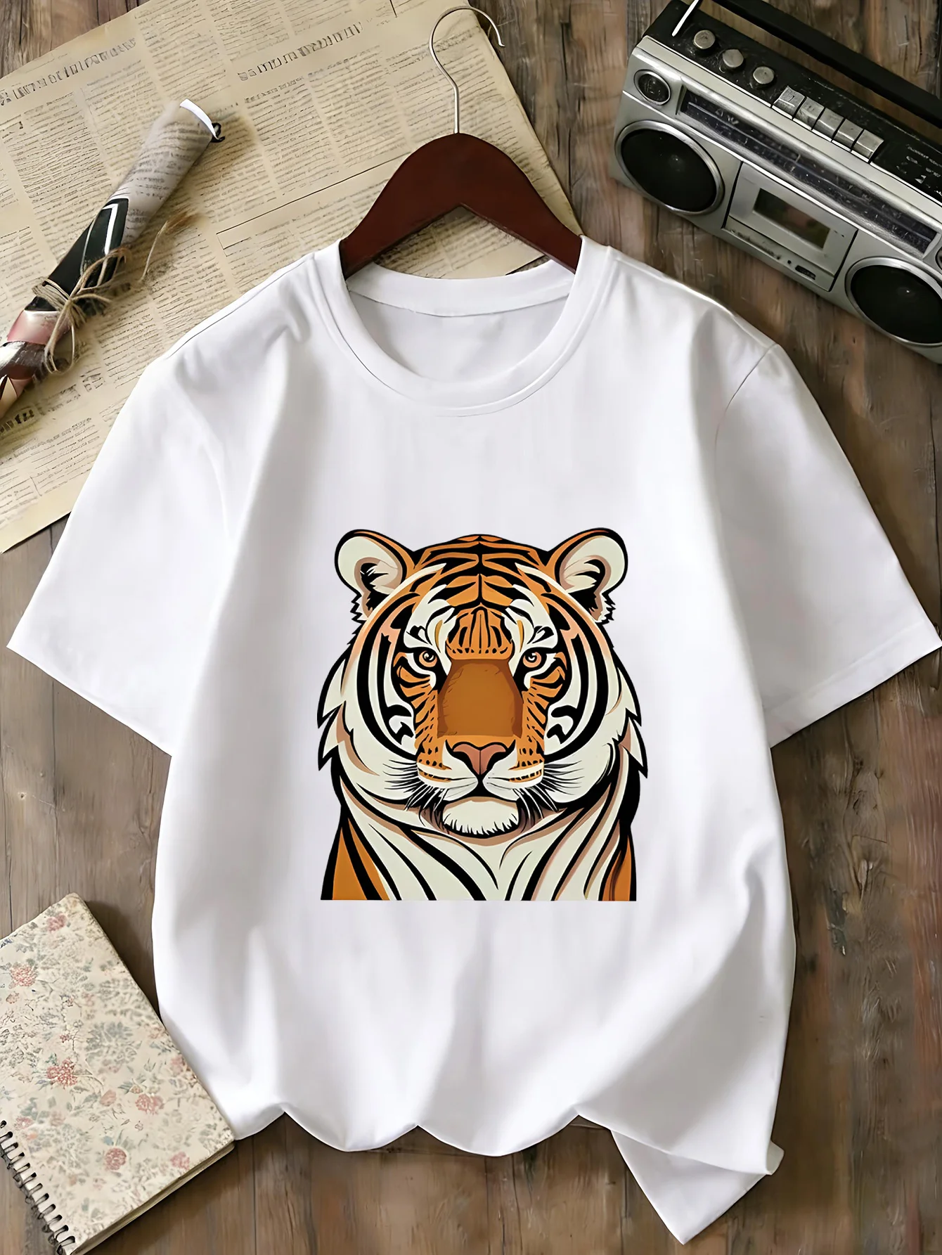 Stylish Vintage Tiger Face Graphic T Shirt Family Matching Boys Girls Kids Short Sleeve Cool Animal Children Daily Tops