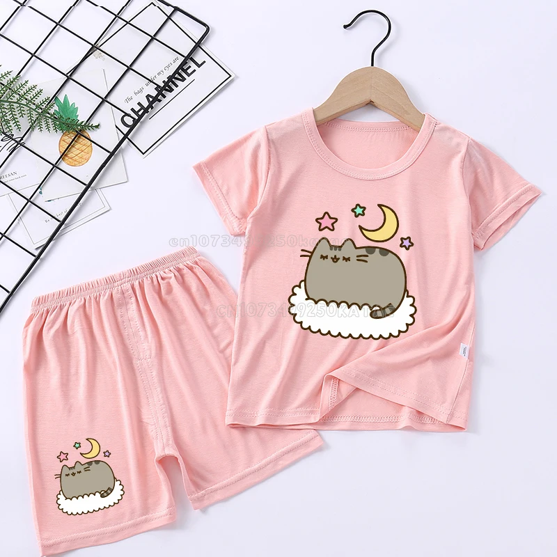 Pusheens Pajamas Set Girl Modal Sleepwear Kawaii Cat Tops Shorts 2pcs Pyjamas Suit Cute Cartoon Toddler Skin-friendly Nightgown