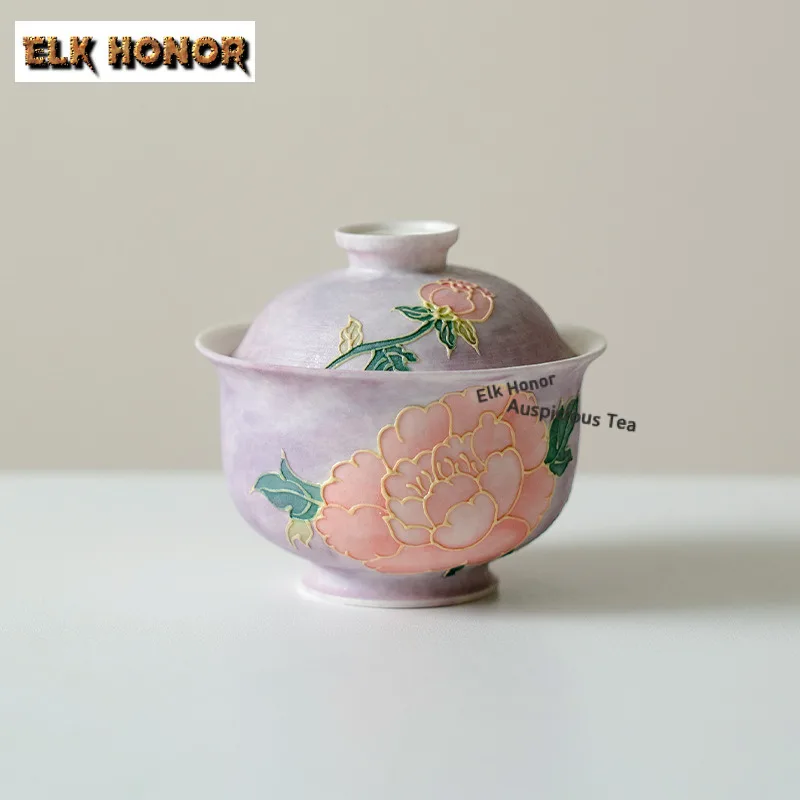 

100ml Hand-Painted Purple Smoke Peony Gaiwan Ancient Tea Tureen Tea Bowl with Lid Kit Tea Brewing Cover Bowl Chinese Tea Set