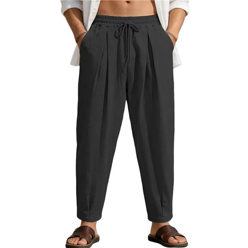 

NEW-Men's Drawstring Elastic Waist Pleated Cropped Harem Pants