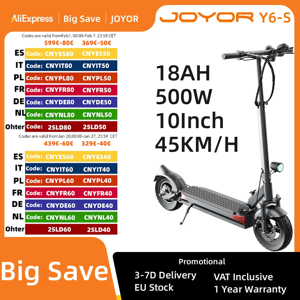 JOYOR Y6S Adult Electric Scooter 500W Motor 48V18AH Lithium Battery Maximum Endurance 70Km 10-inch Tire LCD Display Escooter