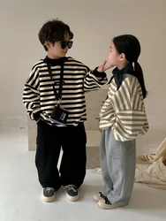 2024 Winter Kid Boys 2PCS Clothes Set Cotton Fleece Striped Long Sleeve Sweatshirt Suits Solid Sports Cargo Pant Baby Boy Outfit