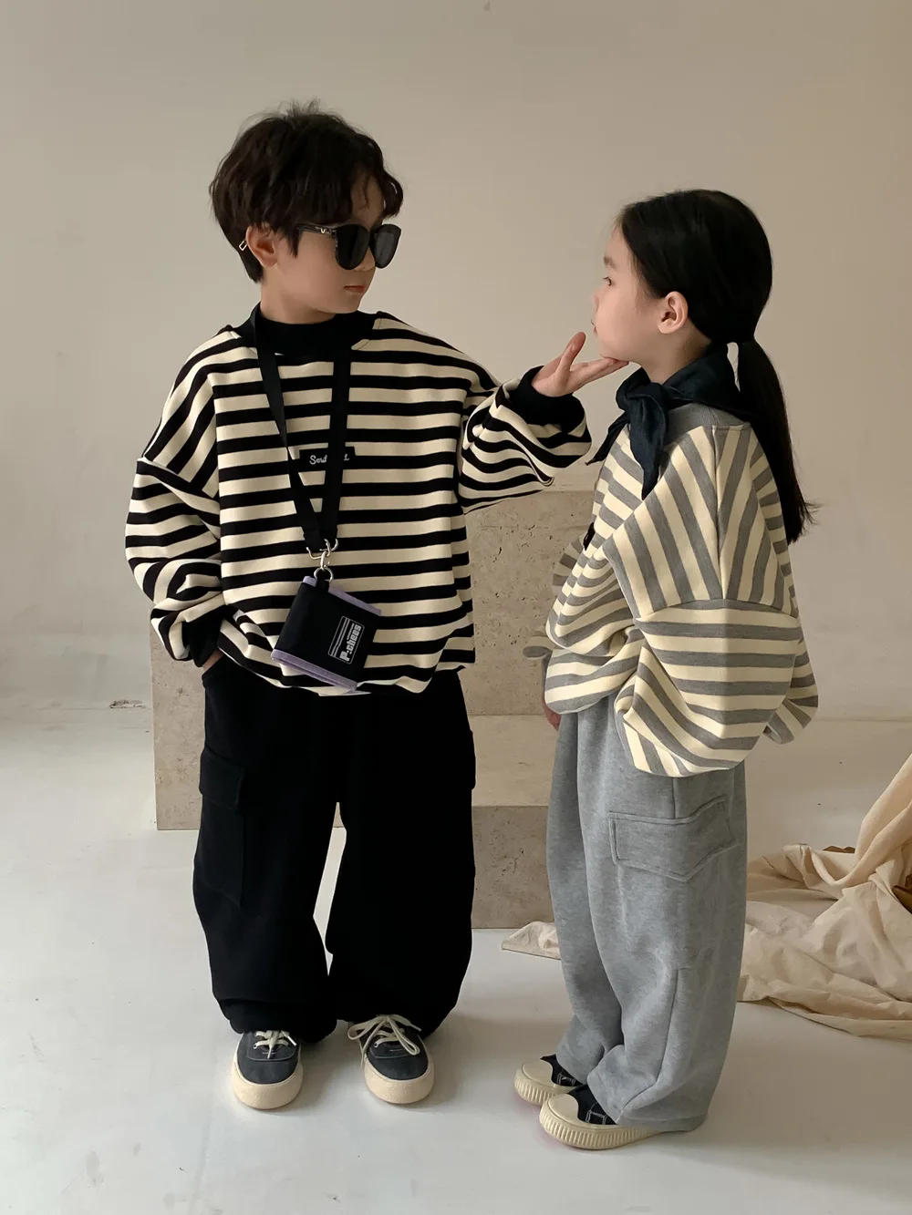 2024 Winter Kid Boys 2PCS Clothes Set Cotton Fleece Striped Long Sleeve Sweatshirt Suits Solid Sports Cargo Pant Baby Boy Outfit