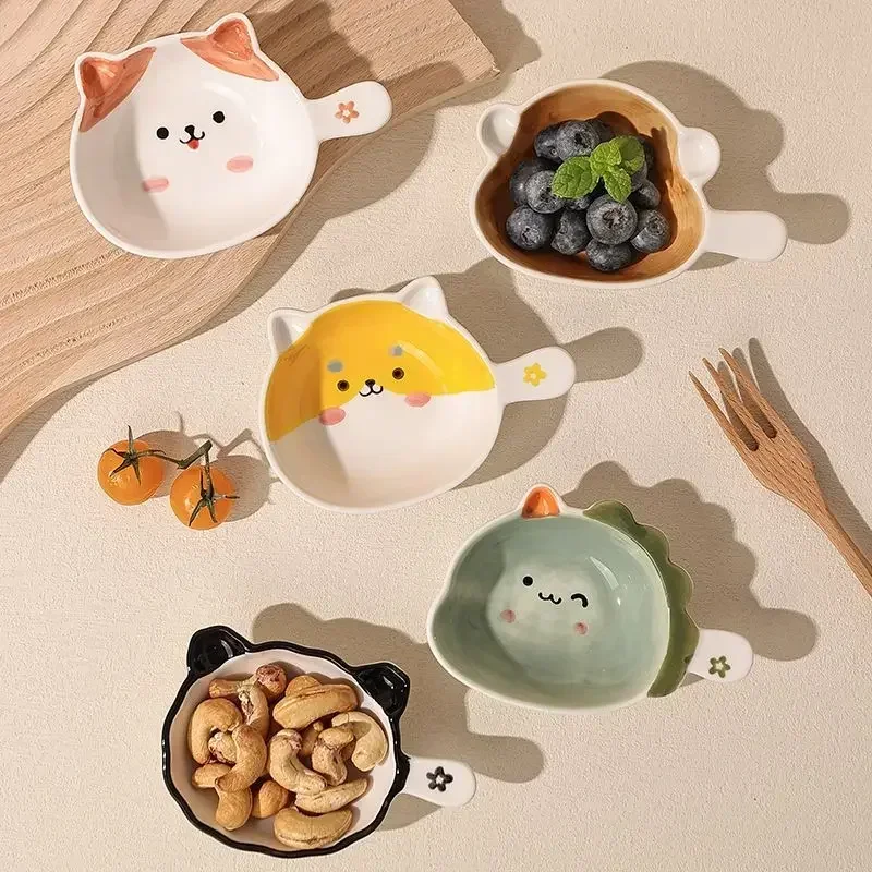 Cute Ceramics Snack Plate Cartoon Animals Saucer Hot Pot Dipping Sauce Dish Handle Dinner Plate Delicate Dessert Snack Plates