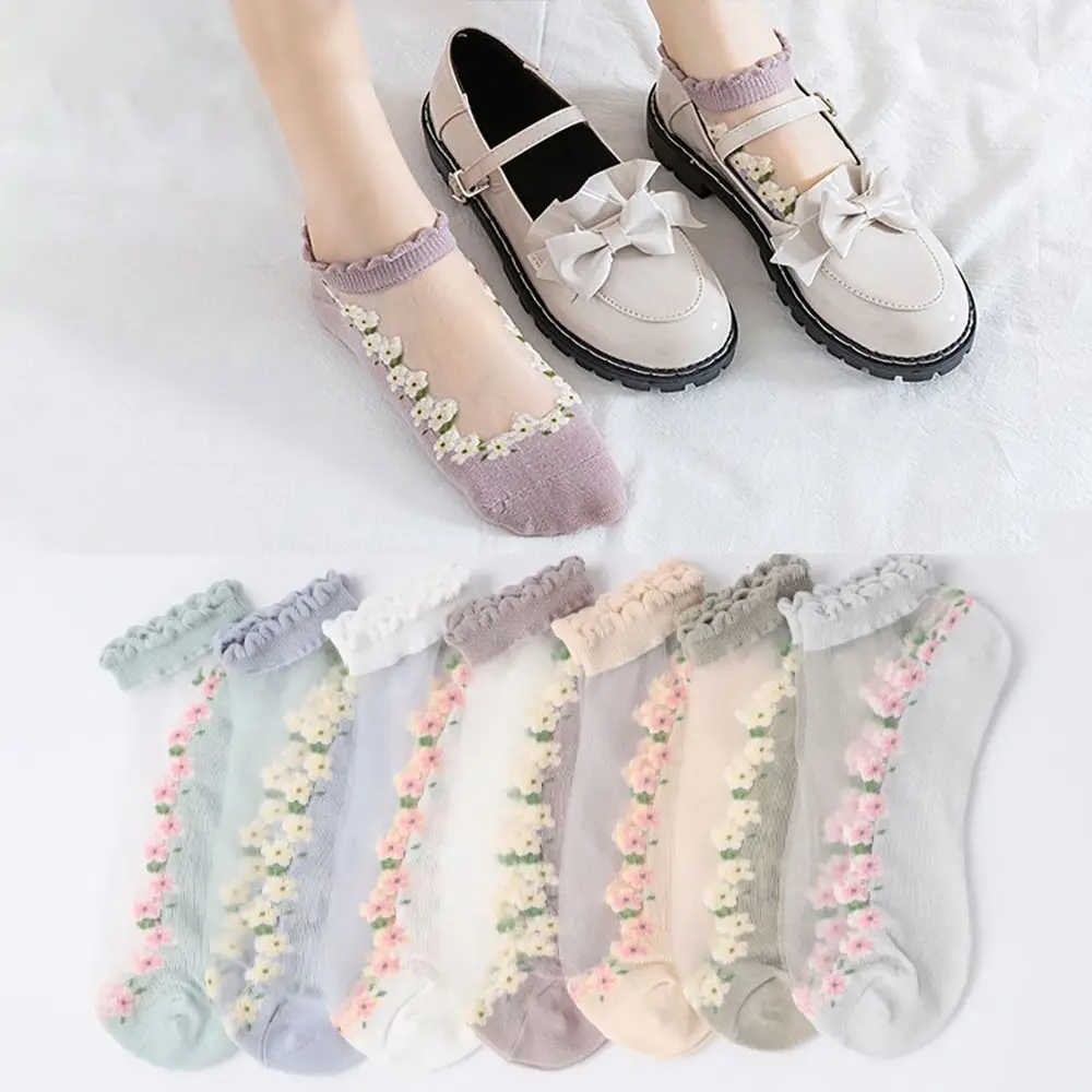 

Cute Breathable Crystal Glass Silk Socks Silk Transparent Lastic Socks Lace Jacquard Short Socks