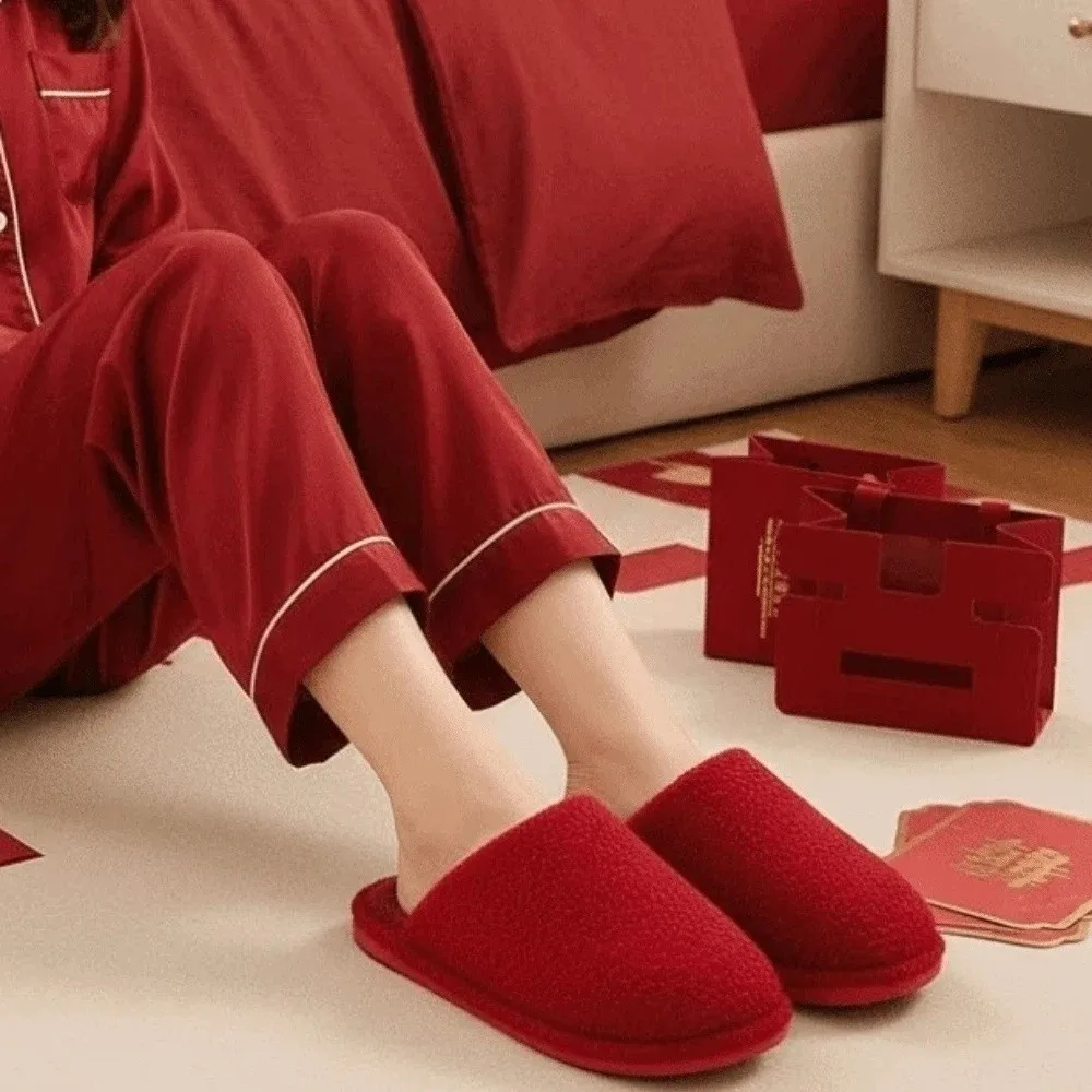 House Shoes Soft New Year Slippers Thickened PVC Red Cotton Slippers Solid Color Home Cotton Shoes Newlywed