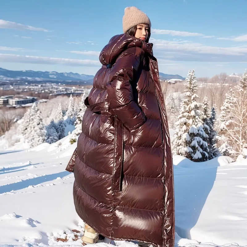 Chocoladekleurig lang donsjack dames winter extra lang dikker losse witte eendendons jassen vrouwelijke sneeuwparka met capuchon