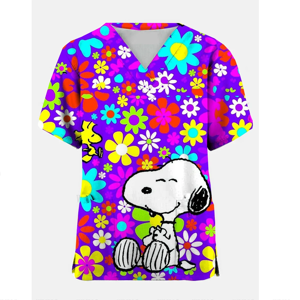 Cartoon  Nursing Scrubs Tops Nurse Uniform Snoopy Print T-shirt Women Fashion V-neck Pocket  Medical Uniforms Workwear ﻿