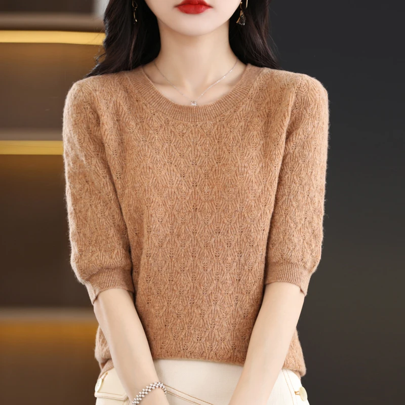 Spring Autumn Women 100% Merino Wool Seamless Sweater Half Sleeve O-neck  Hollow Out Pullover Casual Knit Soft Bottoming Top