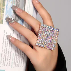 Shiny Crystal Exaggerated Square Rings Finger Jewelry Adjustable Large Geometric Rhinestone Open Rings Hand Decoration Dance Gif