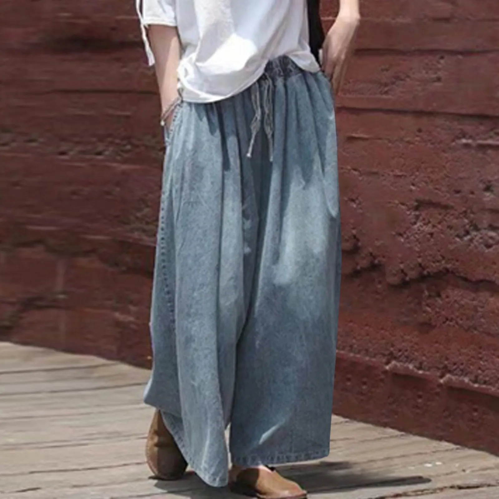 

2024 Summer Trend Cowboy Pants Pleated Drawstring Wide Leg Comfortable Versatile Cropped Pants New European American Trousers