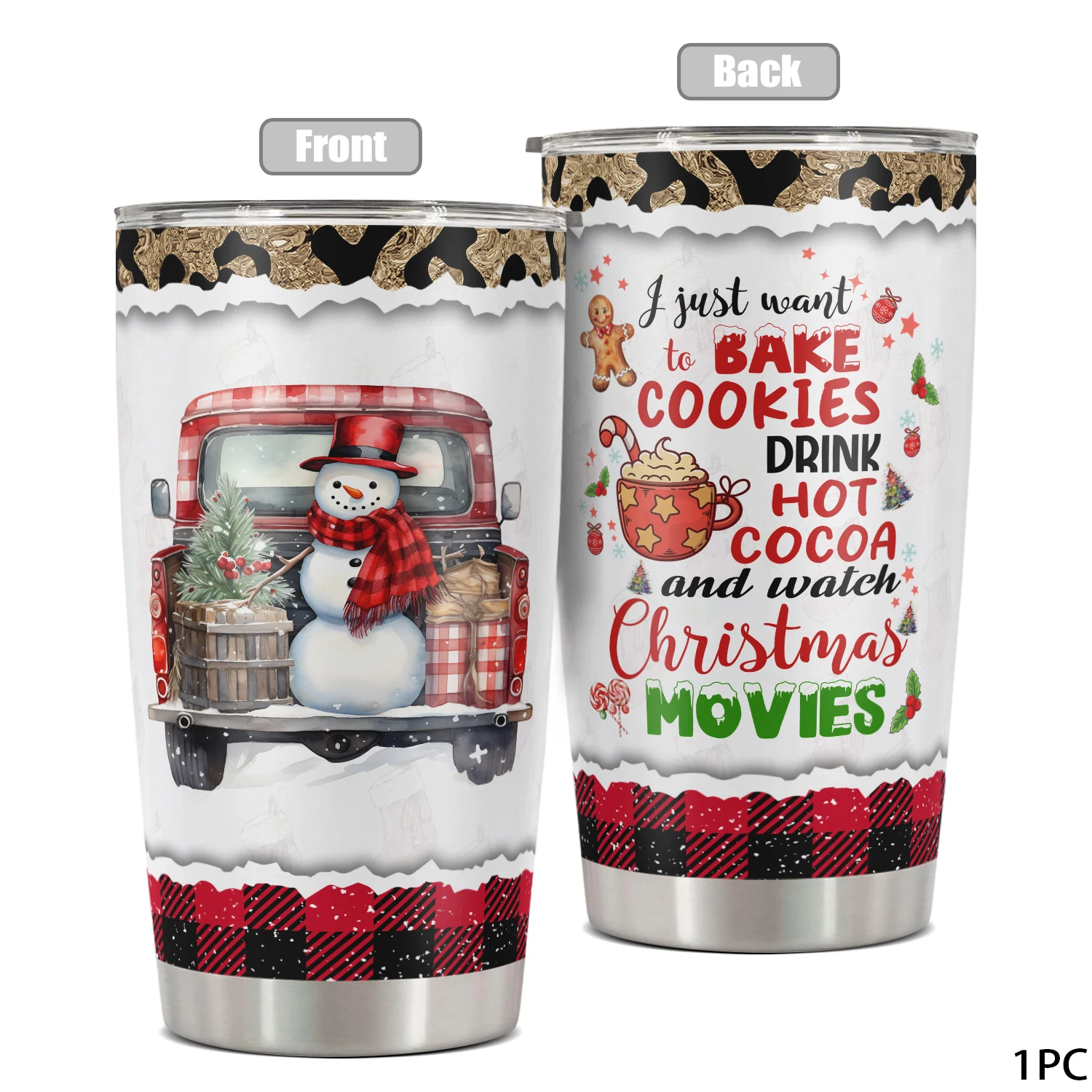 1pc, Personalized Name Christmas Cups 20 oz Tumbler With Lid, Trucksnowman Christmas Gifts, Christmas Funny Print 20oz Stainless