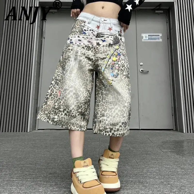 

ANJY Spring Summer New Women Streetwear 3D Digital Print Leopard Loose Wide-Leg Denim Shorts Trend Chic Calf-Length Pants A22475