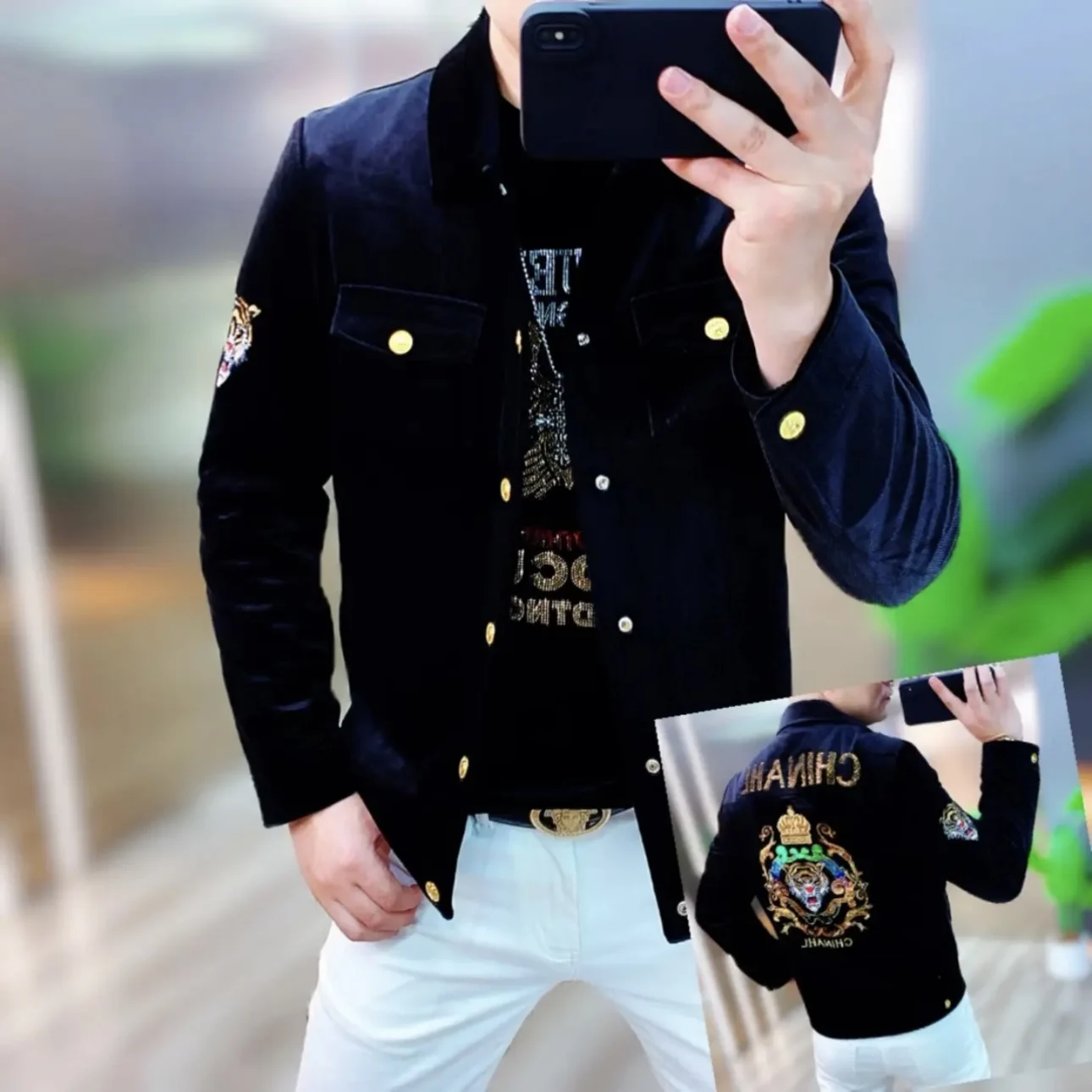 

Men's Velvet Embroidered Jaet Collared Elastic Faionable Versatile Slim Fit Autumn Winter Outerwear Polyester Fiber