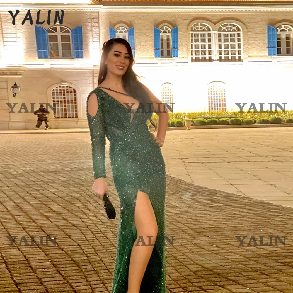 YALIN Xanh Đậm Nàng Tiên Cá Sparkle VÁY ĐẦM DẠ Một TRỄ VAI ĐÍNH HẠT CƯỜM Châu Phi Plus Kích Thước Cuộc Thi Áo Choàng Áo Dây De Soiree