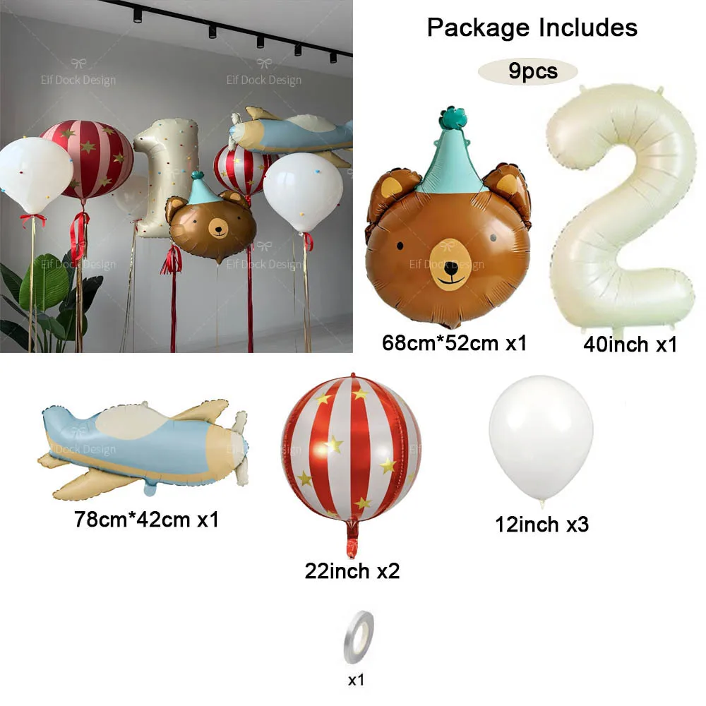 9pcs/Set Matte Airplane Cartoon Birthday Bear Red-striped Foil Balloon Cream Number for Birthday Anniversary Party Decor Gifts - view 3