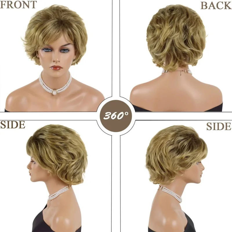 GNIMEGIL Synthetic Blonde Short Pixie Cut Hair Daily Party Wig for Women Natural Curly Wave Style Stylish Mommy Wig with Bangs