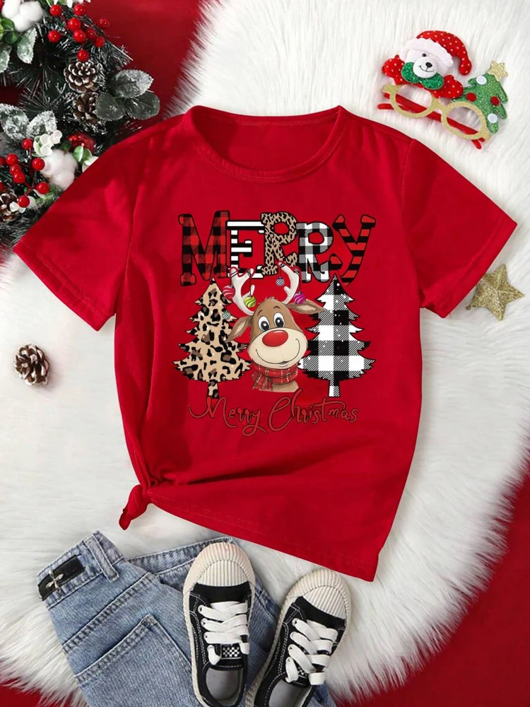 

Christmas Cute Reindeer Leopard Pattern Womens Christmas T-shirt Casual Cartoon Christmas Tree Pattern Short SleeveWomensT-shirt