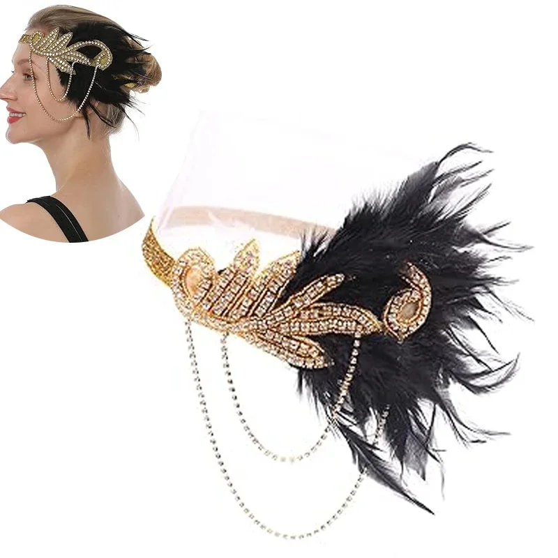 1920's Headband Costume Props Charleston accessories Flapper Headpiece Great Gatsby feather beaded hair band резинки для волос