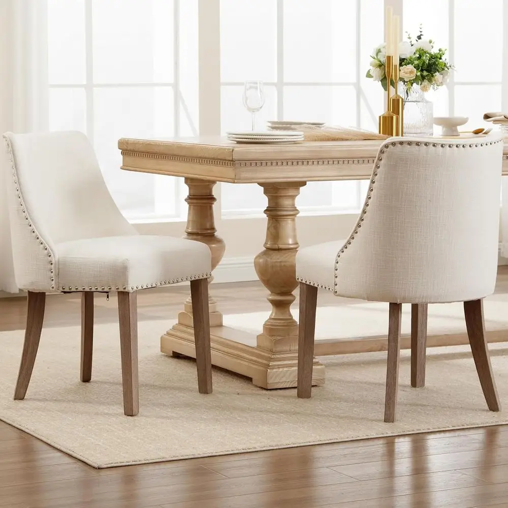 

Комплект из 2 обитых тканью боковых стульев с декоративными гвоздиками и деревянными ножками для столовой или гостиной, кремовый цвет