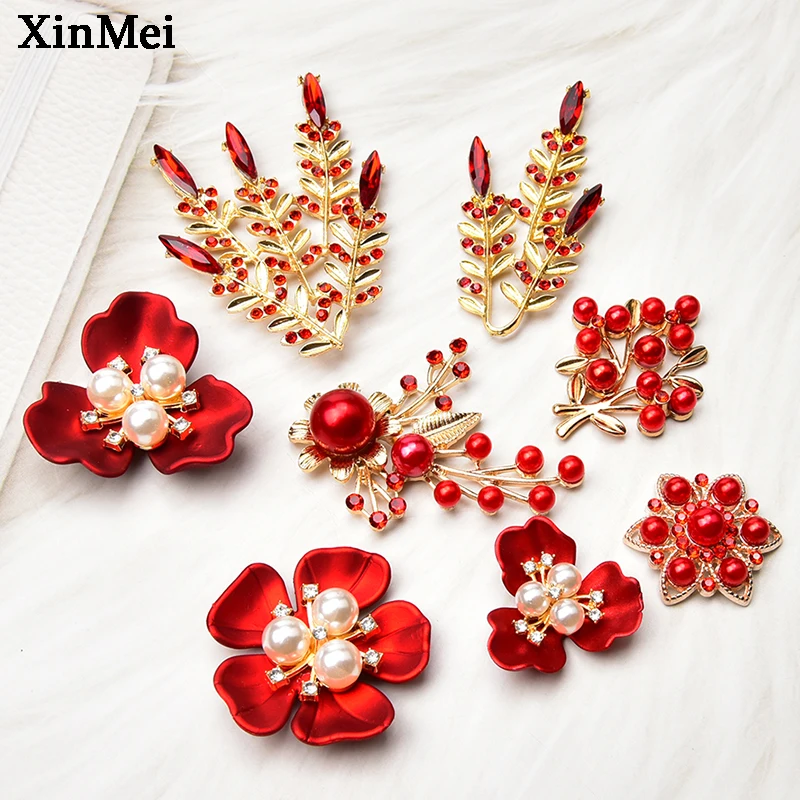 10Pcs All Red Color Pine Tree,Leaf, Flower Flat Back Pearl Rhinestone Alloy Embellishment DIY Christmas Wedding Accessories