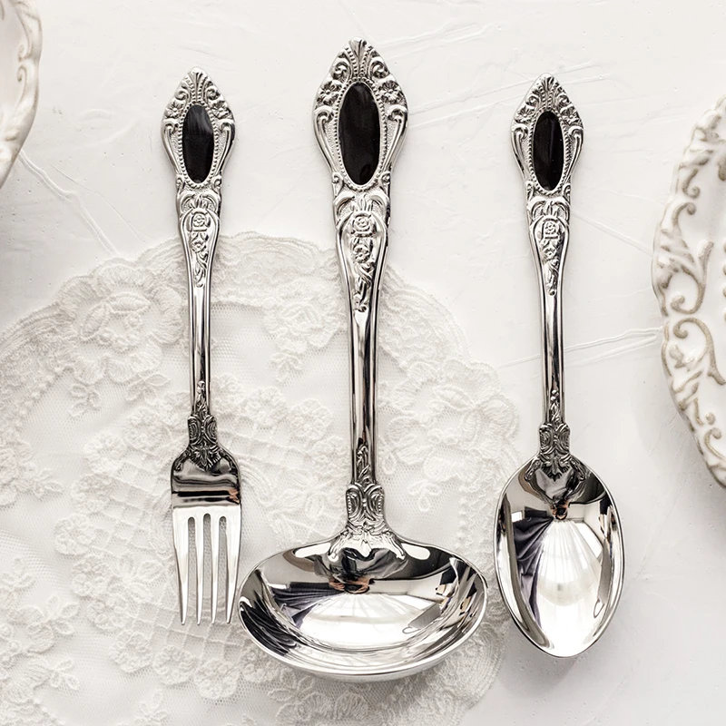 Stainless Steel Dessert Spoon, Fruit Fork, Afternoon Tea Tableware, Retro Relief, Big Soup Scoop, Silver, Hotel Food Cutlery