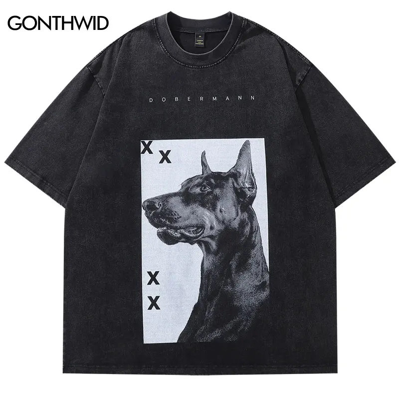 Black Oversized Tshirt Hip Hop Doberman Dog Graphic Print Washed T-Shirt Punk Gothic Streetwear Shirts 2024 Harajuku Loose Tops