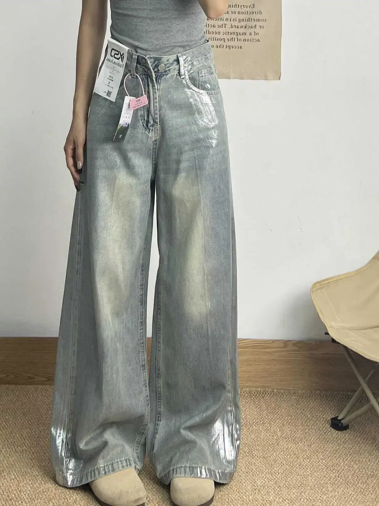 Szare dżinsy damskie 90s Vintage Personality High Waisted Straight Trouser Streetwear Casual Loose Girl Wide Leg Classic Denim Pants