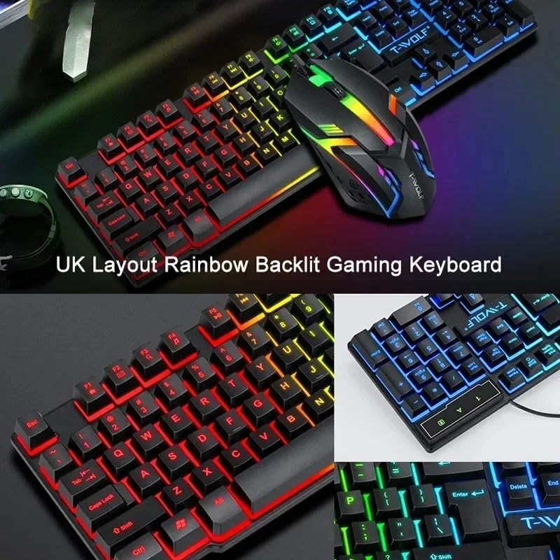 Combinaison clavier et souris d'ordinateur lumineux en métal, jeu filaire USB, rétro-éclairage coloré, sensation mécanique, clavier et souris