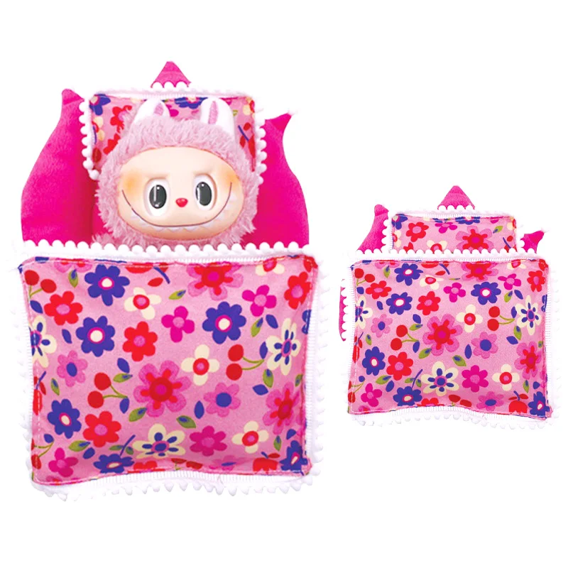 Kawaii Labubu Puppe Mini Schlafsack Bett mit Kissen süße Puppenhaus Dekoration Ornament Cartoon Mädchen Puppe Spielzeug Zubehör