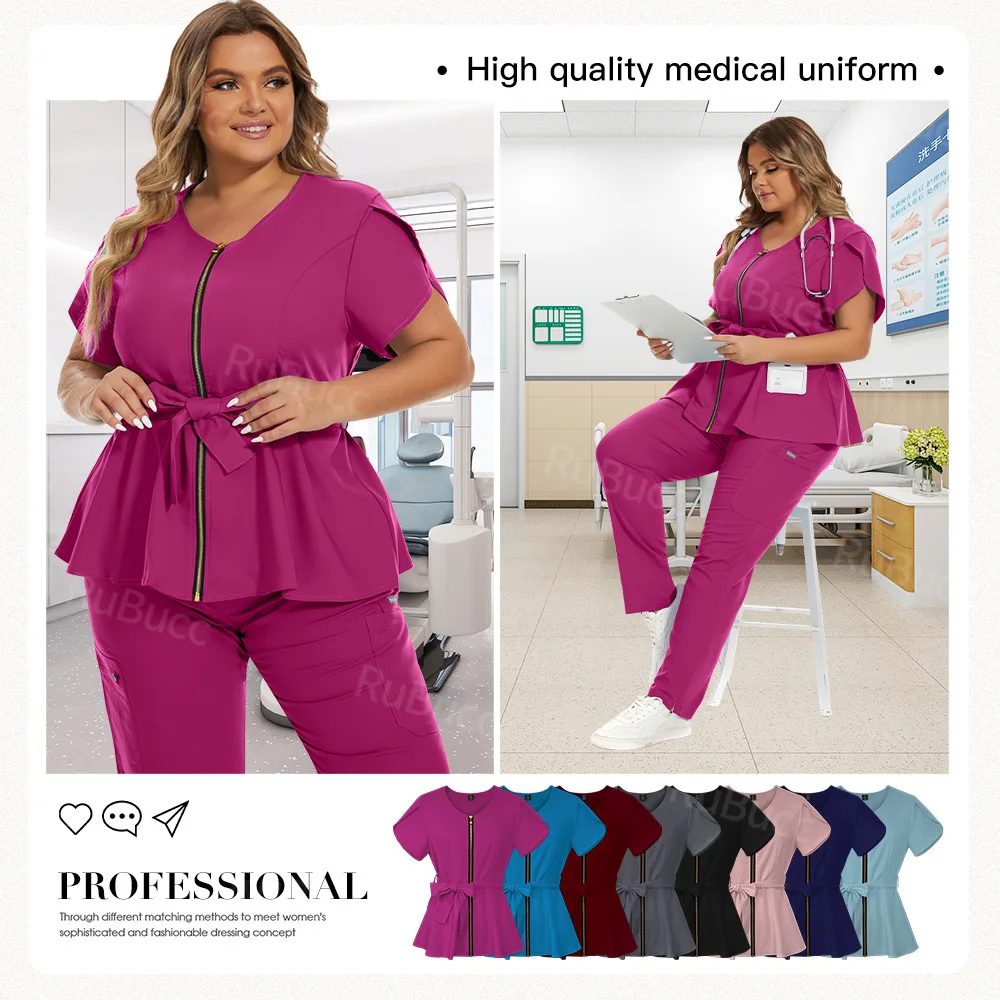 Solid Color Nurse Workwear Women Scrub Tops V-Neck Medical Uniform Surgical Working Suit Nurse Accessories Nursing Scrub Uniform