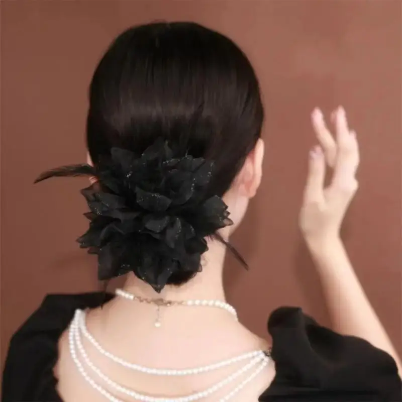 39BD Große, flauschige Blumen-Haargummis, Feder-Haargummi, Kopfbedeckung, elastisches Haarseil – Detail 9