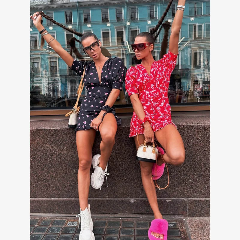 Chic Printed Slim Fit Mini Dress Women Elegant V-neck Puff Short Sleeves Waist Cinching Dresses 2026 Summer Lady Party Robes New