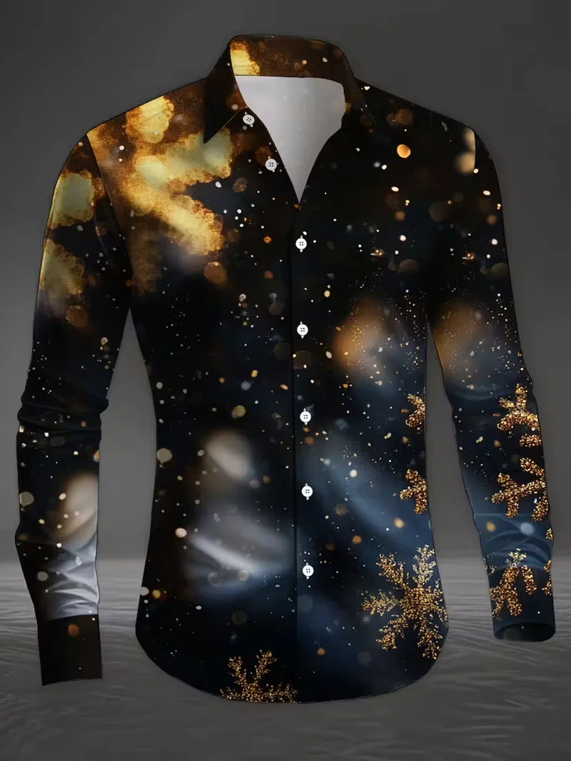 New men's long sleeved shirt Christmas retro snowflake print long sleeved button up shirt Christmas formal shirt
