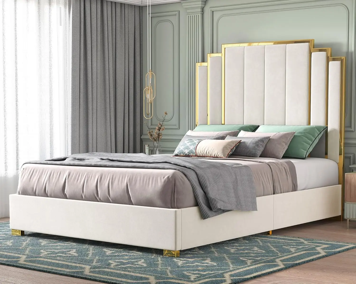 Large bed frame and 61 inch headboard, gold-plated upholstered soft mattress, no need for springs, cream colored