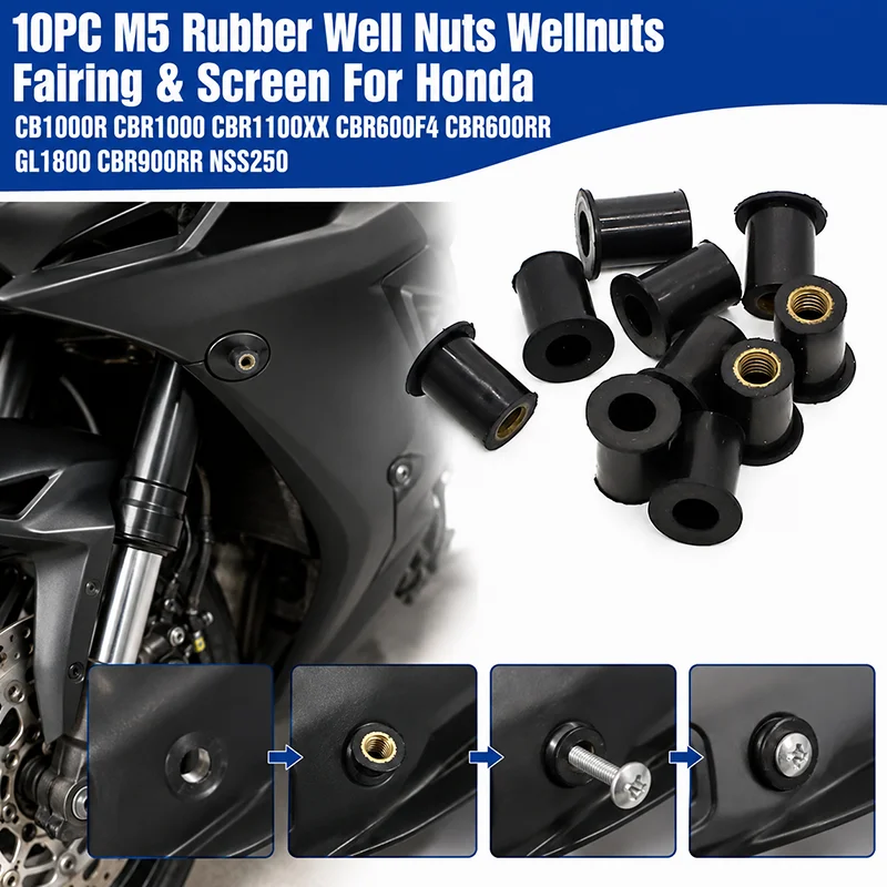 M5 10PC For Honda CBR600 F3 CB1000R CBR1100XX Rubber Well Nuts Wellnuts Fairing & Screen CBR600F4 CBR600RR GL1800 CBR900RR NC700