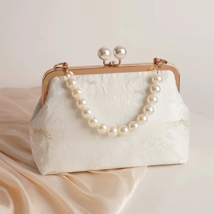Versatile Solid Color Top-Handle Bags Beads Chains Hasp High Quality Evening Bags for Women Personality Shell Clip Crossbody Bag