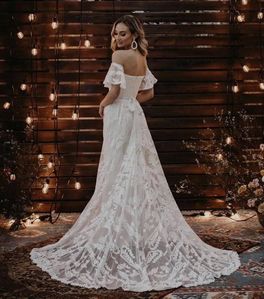 Boho Wedding Dresses A-line Off The Shoulder Tulle Lace Bohemian Wedding Gown Bridal Dresses Vestidos De Novia