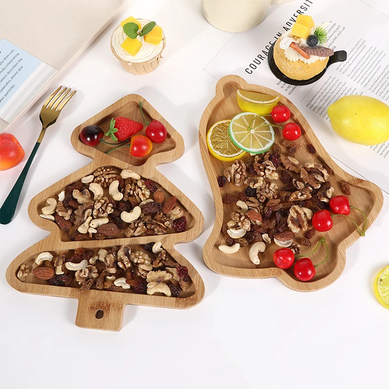 Christmas Decoration Tray Wooden Dessert Board Christmas Tree Shape Fruit Plate Snacks Cake Food Tray Xmas Tableware