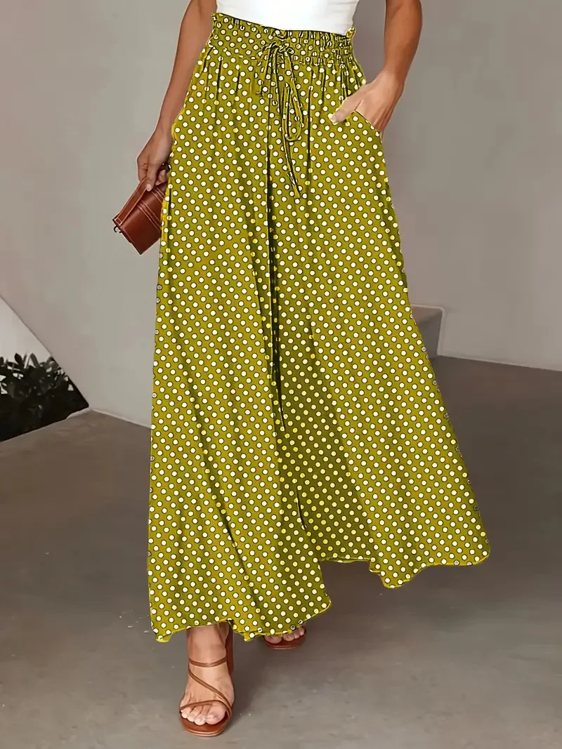 

Women Summer Bohemian Wide-Leg Pants Drawstring Elastic Waist Polka Dot Print Pants
