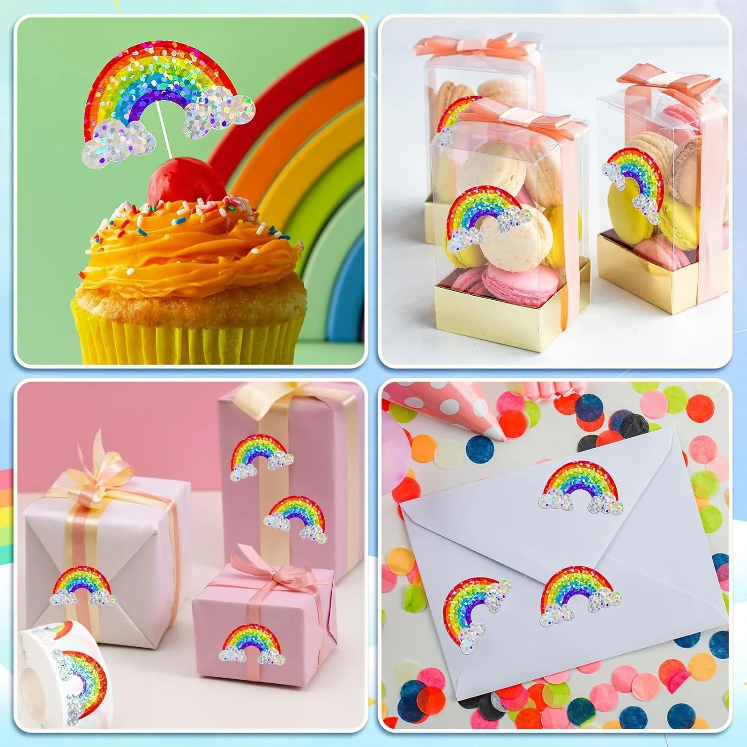 500 Uds. Rollo de pegatinas de arcoíris, pegatinas de sello con forma de arcoíris de colores láser, calcomanías autoadhesivas impermeables para sobre