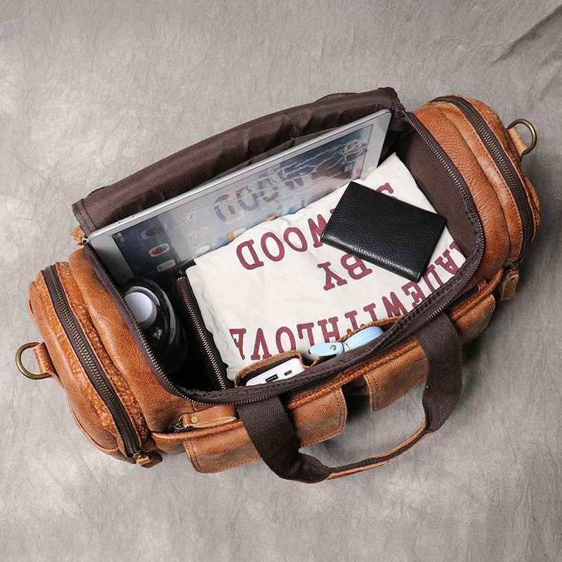 Men\'s Cowhide Vintage Travel Bag First Layer Leather Handbag Duffle Bag Laptop Messenger Crossbody Bag