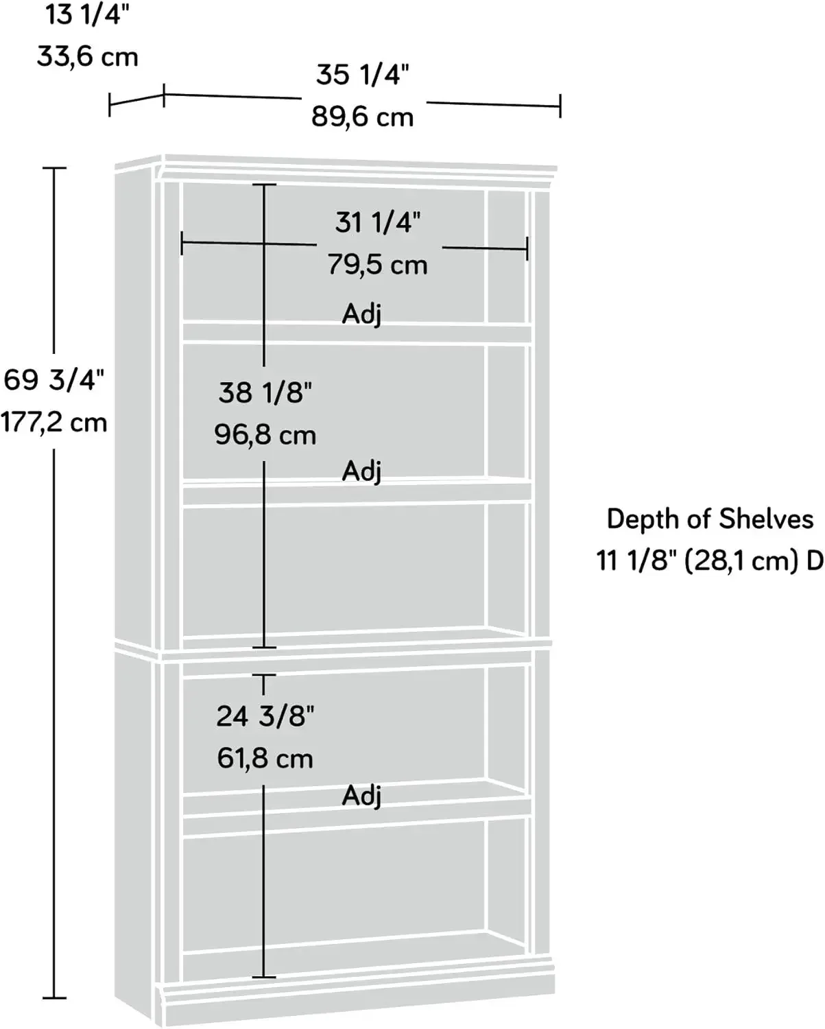 Estante de armazenamento diversos com 5 estantes/prateleira para livros, L: 35,28" x L: 13,23" x A: 69,76", acabamento Select Cherry