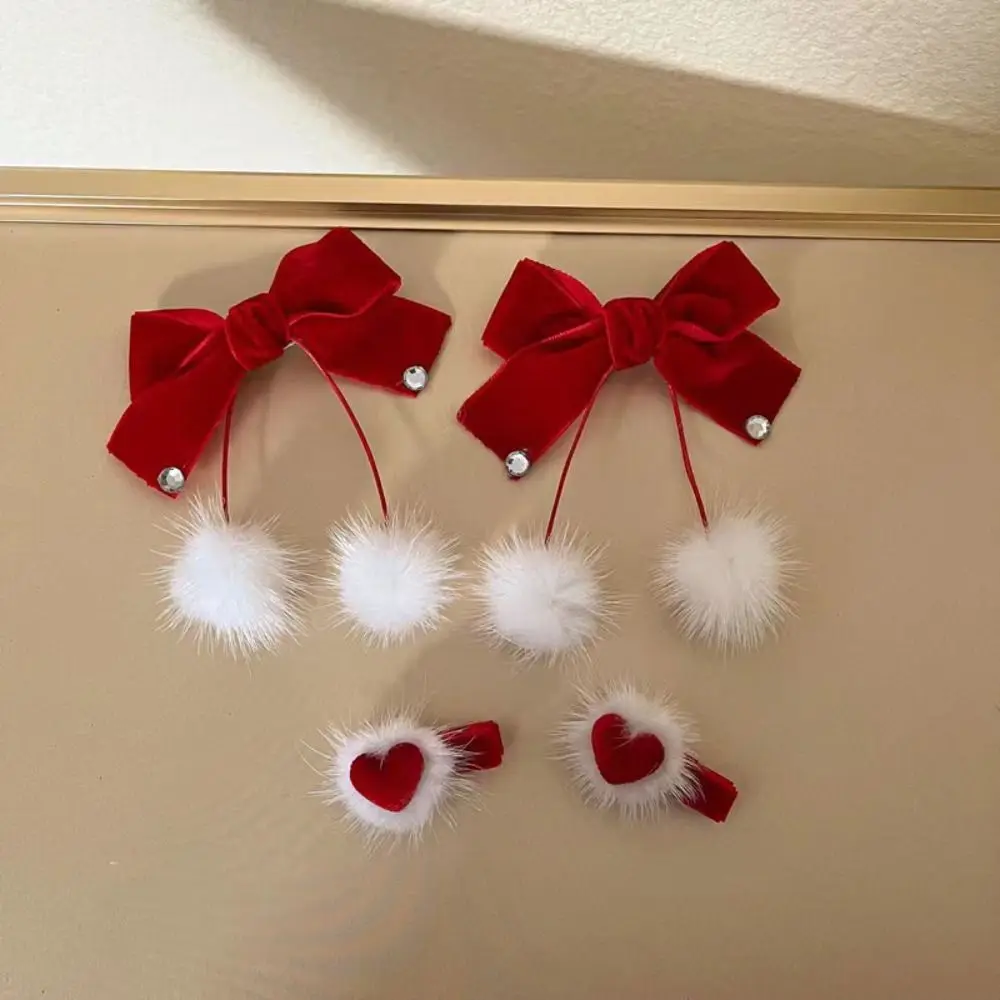 แฟชั่นปีใหม่ Furry Ball คลิปผมหวาน Elegant Duckbill คลิปฤดูใบไม้ร่วงฤดูหนาวสีแดง Bow Hairclip สําหรับผู้หญิงหญิง