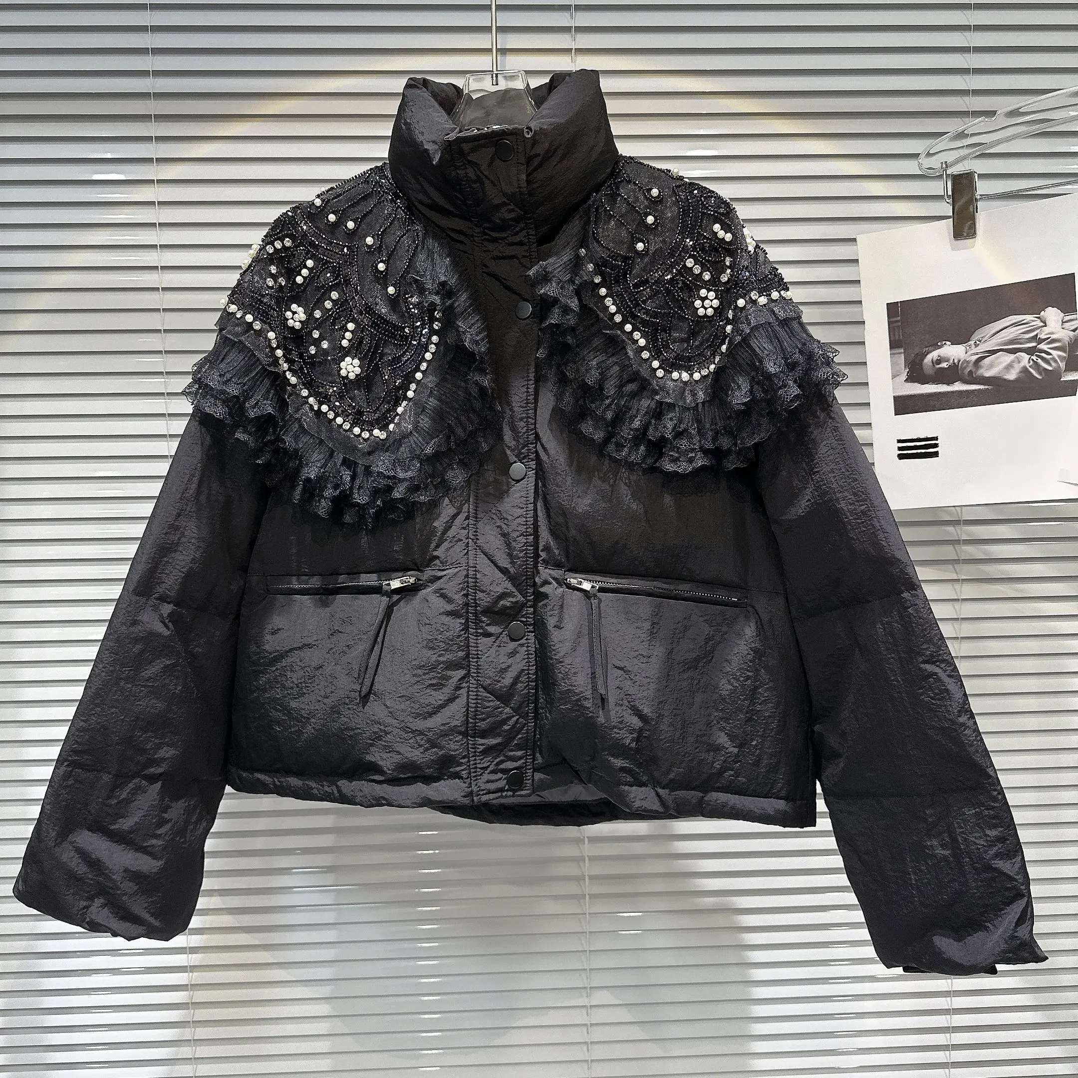 

Winter New Pearl Embroidery Sequin Lace oulder Wrap Women's Cotton Jaet Warm Cotton Clothes Long Sve Stand Collar Zipper