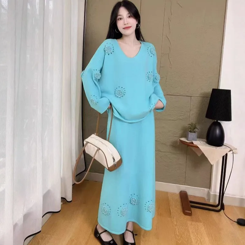 

Корейский однотонный вязаный свитер с длинными рукавами и v-образным вырезом с 3D цветочным принтом + макси-юбка с эластичной резинкой на талии, комплект из 2 предметов, осенне-зимний женский костюм