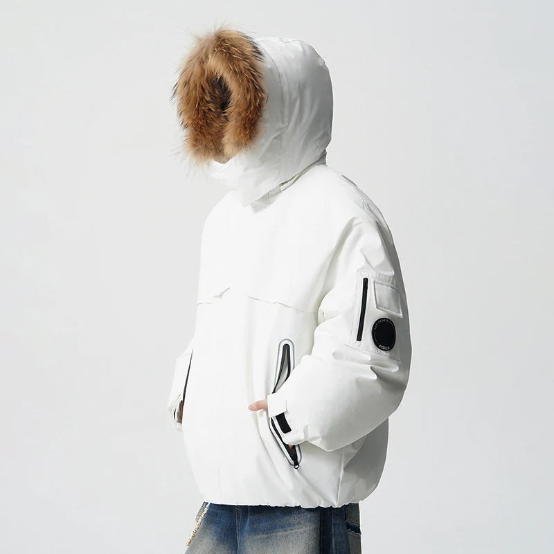 

Модная утепленная мужская пуховая куртка с капюшоном, большим меховым воротником, повседневная, молодежная, из полиэфирного волокна, ветрозащитная конструкция